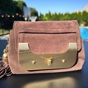 Diane Von Furstenberg Brown Suede Leather Crossbody  Gold Metal Bag
